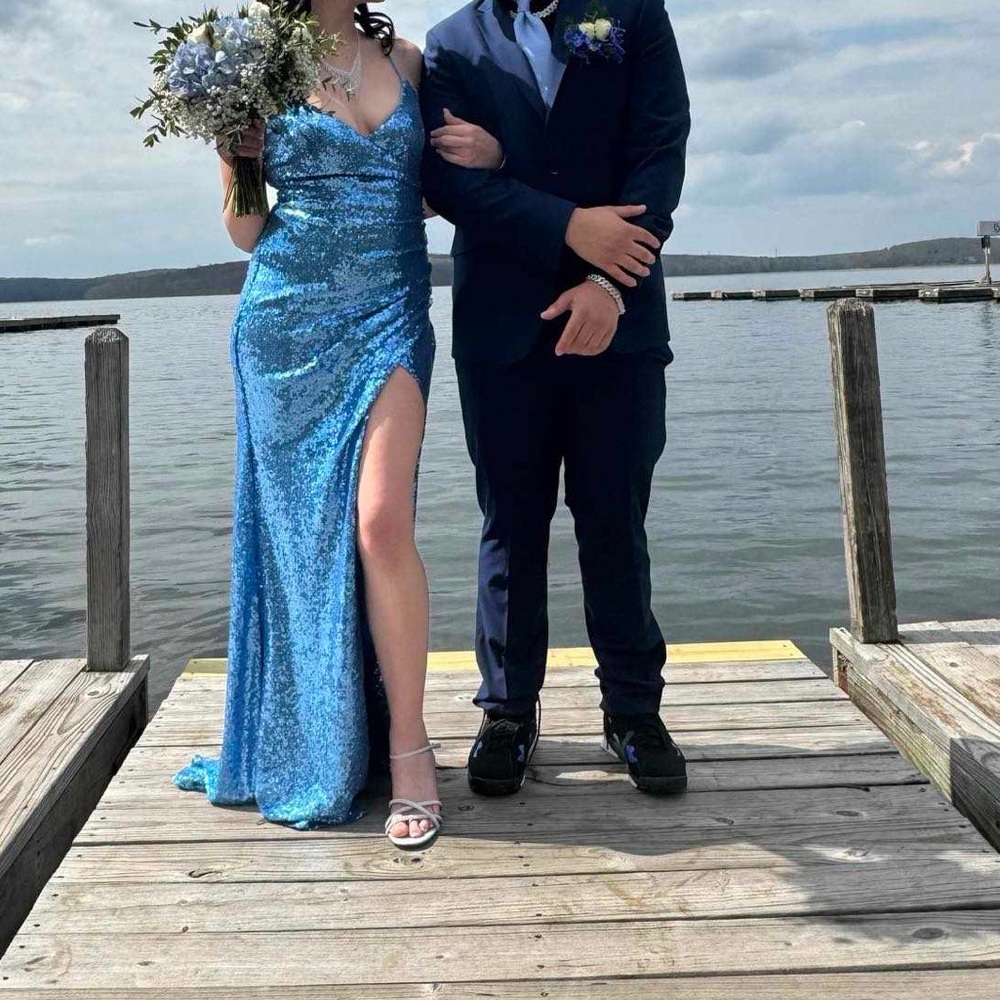 Shimmering Ice Blue Sequin Prom Gown with Thigh Slit